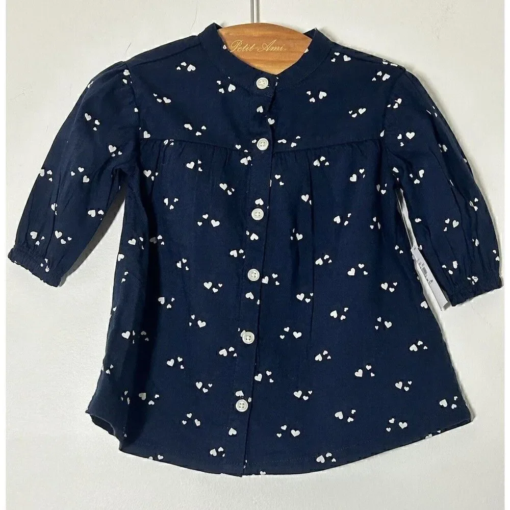 Old Navy Baby Girl Long-Sleeve Button-Down Dress Hearts Size 3-6 Months